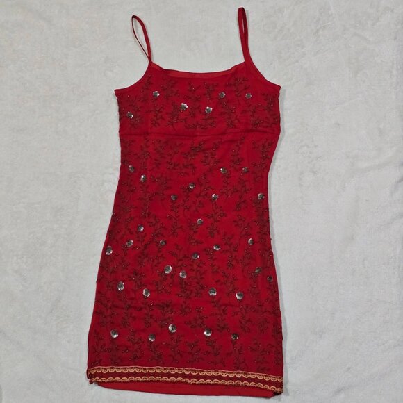 Vintage Express Red Embroidered Dress Small With Beaded Floral Boho Design 90's - Picture 7 of 16
